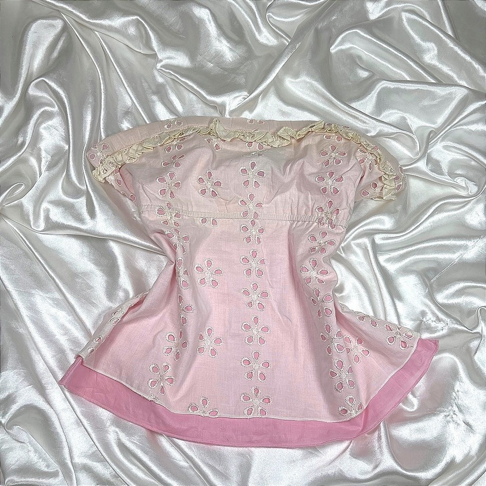 y2k Tube Top Pink New Angie Floral Eyelet Ruffle Strapless Cotton Blouse